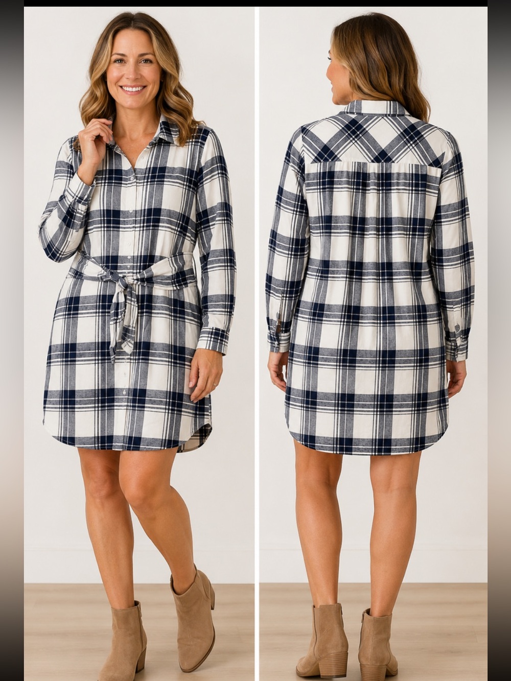 J.Crew Mercantile 100% Cotton Navy & White Plaid Flannel Tie-Waist Shirt Dress